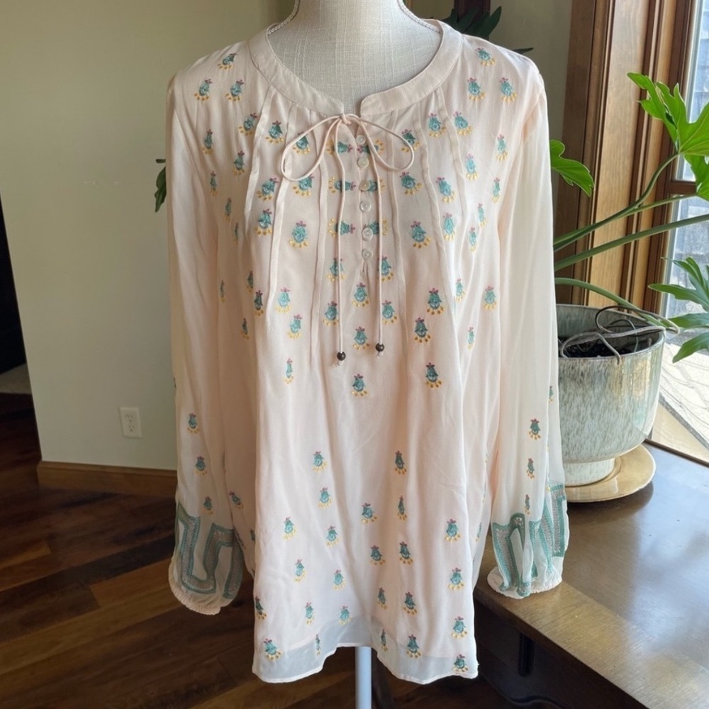 Sundance Silk Embroidered Peasant Blouse Pink Teal Boho Top L